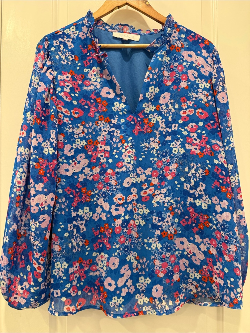Sugarlips Blue Floral Split-Neck Blouse